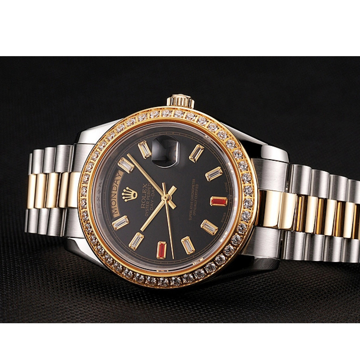 AAA replica watch 1454105 Bracelet Swiss Two Diamonds Black Rolex Dial Tone And Day-Date Rubies 1014